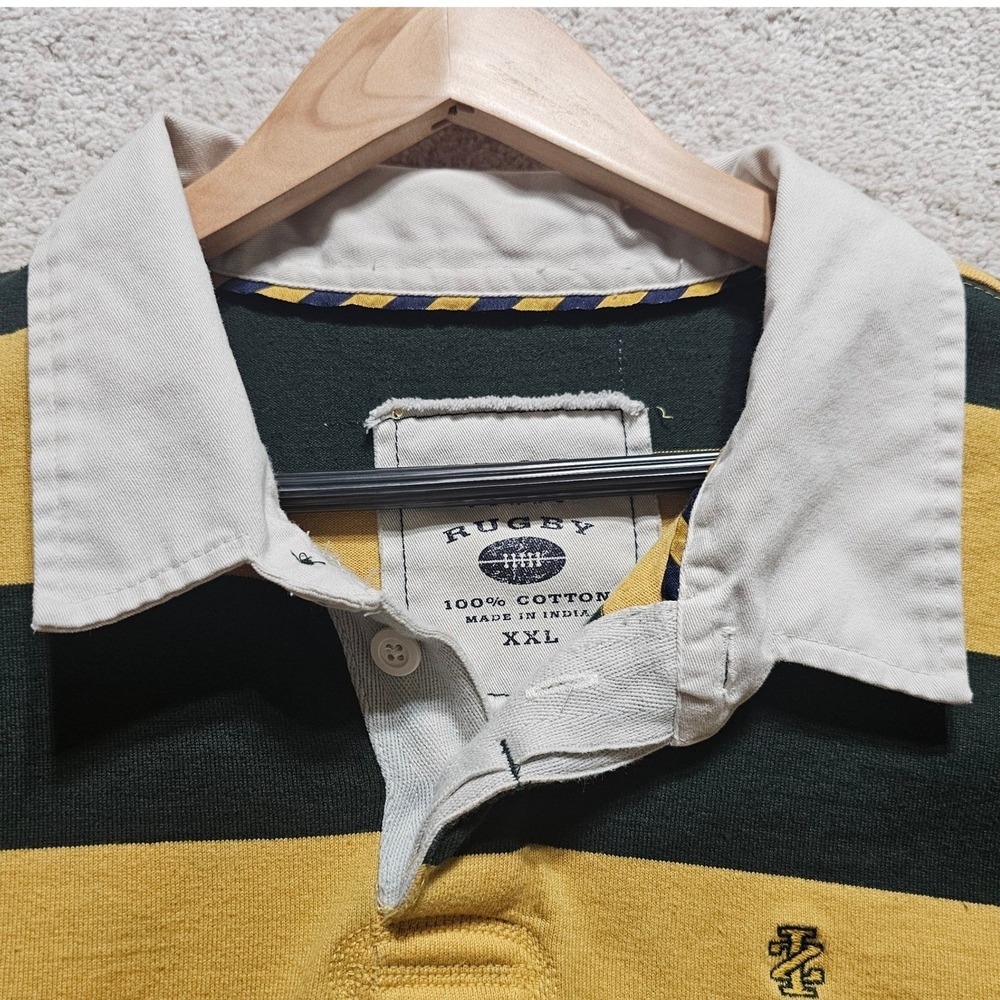 IZOD Mens Rugby Shirt XXL Long Sleeve Striped Green Yellow Cotton Heavyweight - Picture 14 of 15